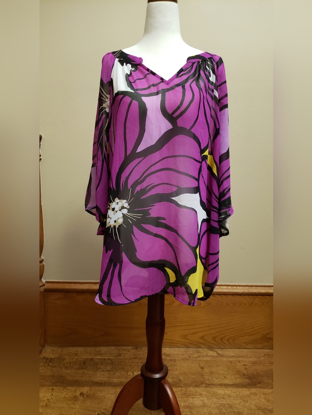 Worthington Purple and Black Sheer Floral Tunic Blouse